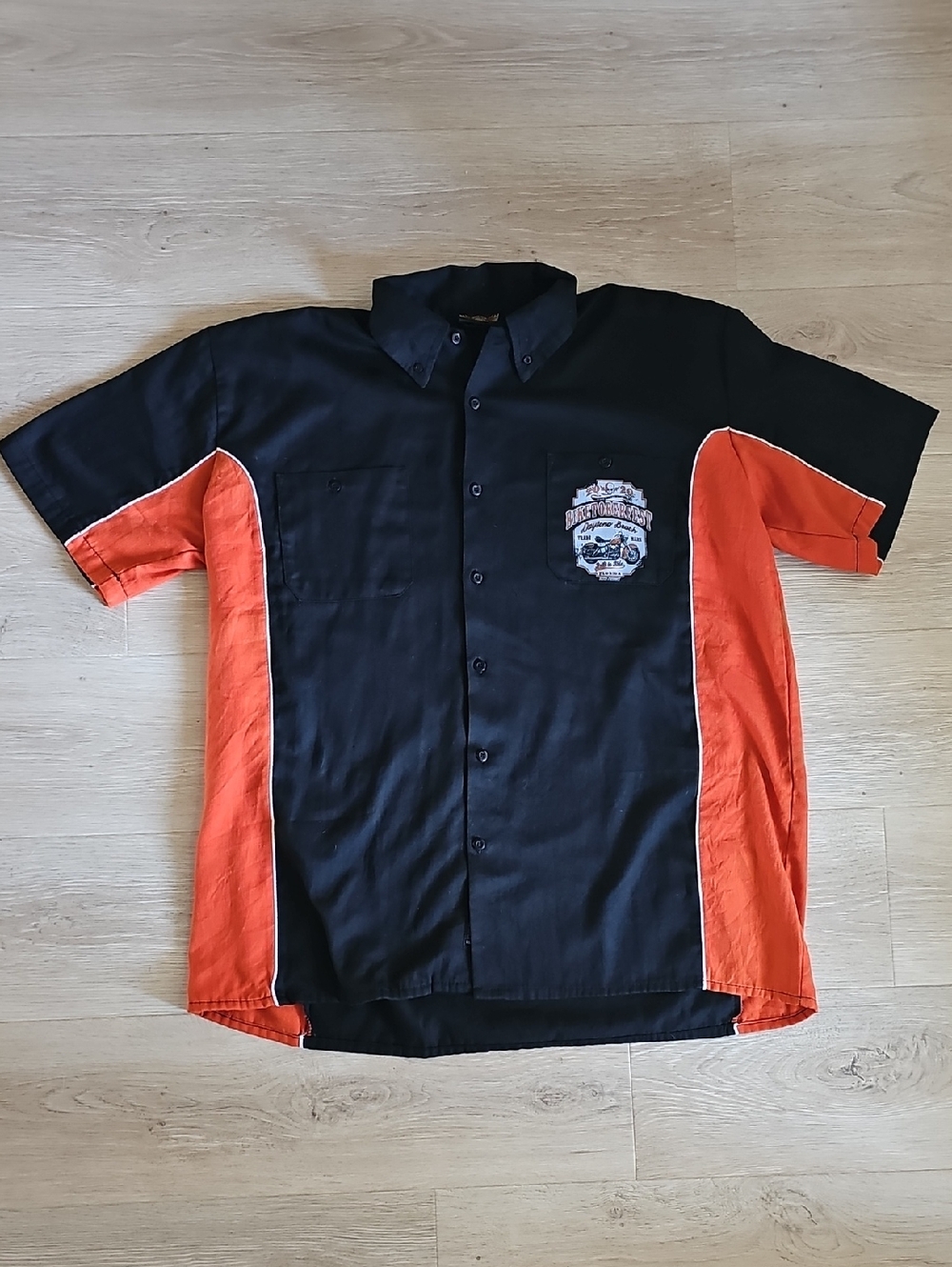 Biker Wear Men's Short-Sleeve Button Shirt in Black and Orange